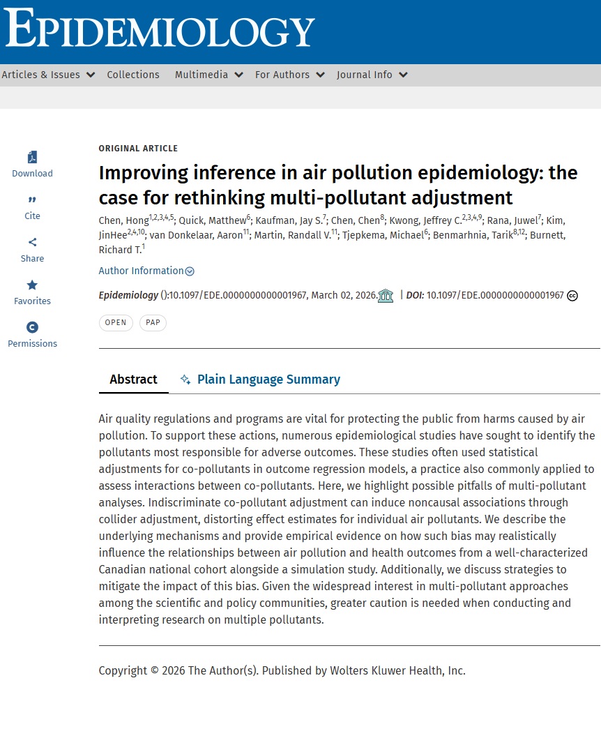 First page: Epidemiology — multi-pollutant adjustment and inference in air pollution epidemiology