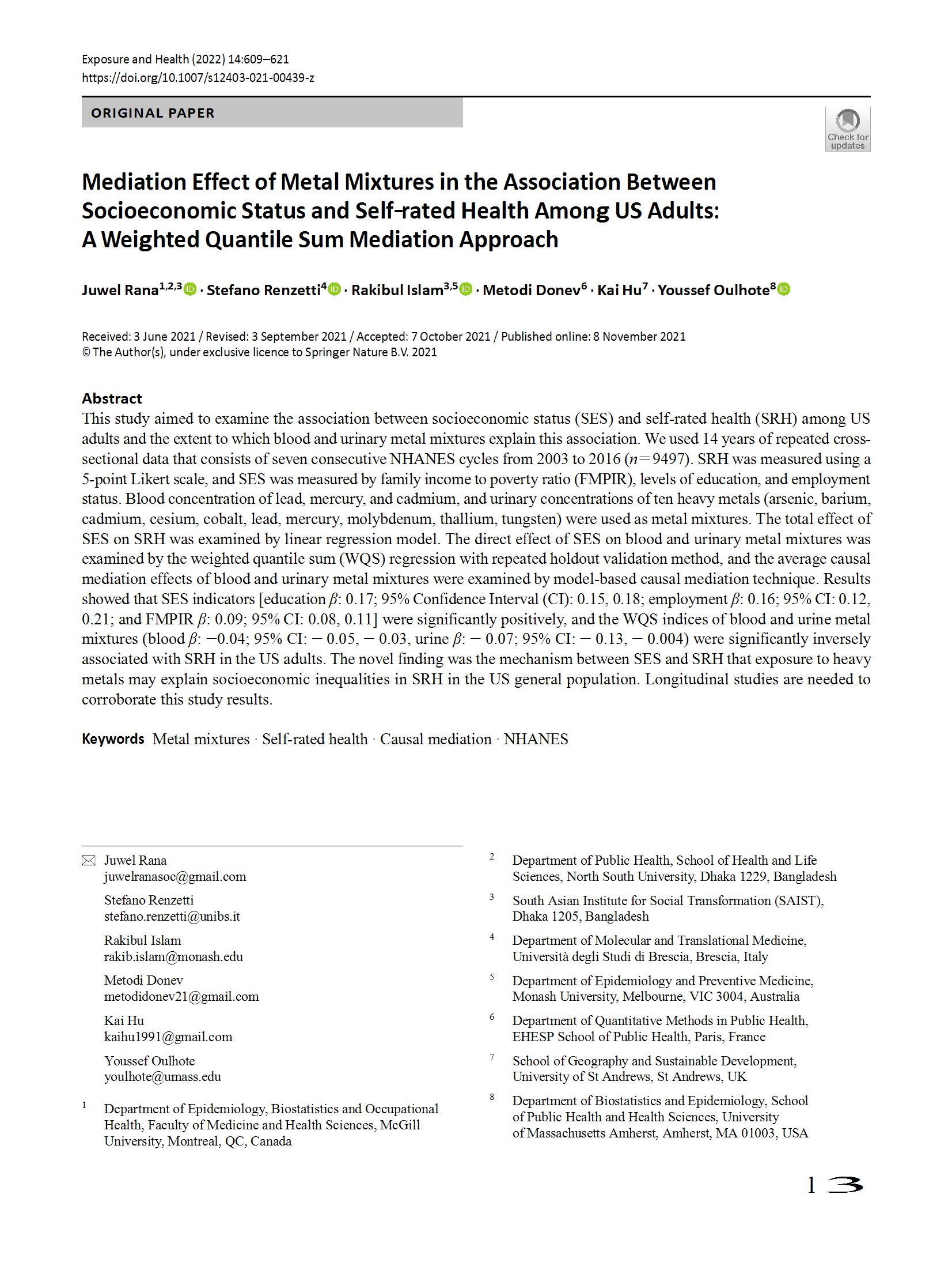 First page: Exposure and Health — metal mixtures and self-rated health (US)