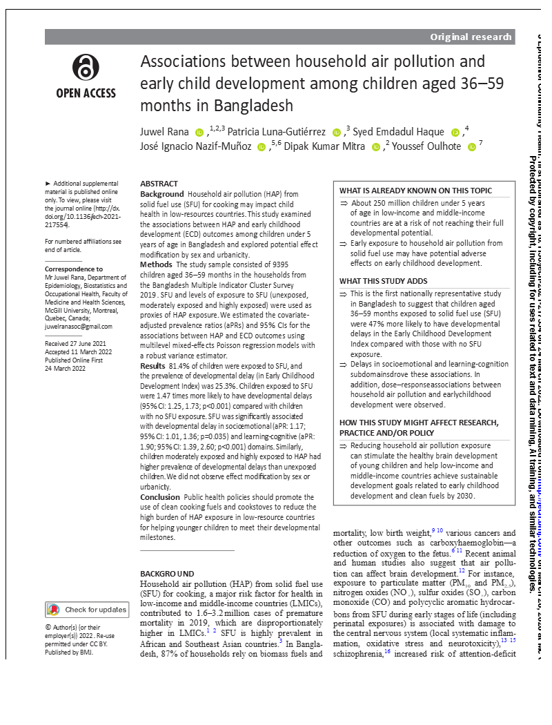 First page: J Epidemiol Community Health — household air pollution and early child development, Bangladesh