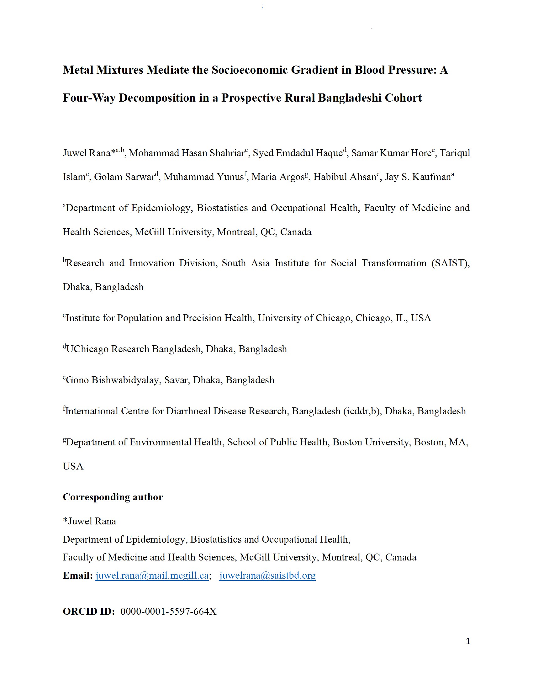 First page: medRxiv — metal mixtures and blood pressure, rural Bangladesh cohort