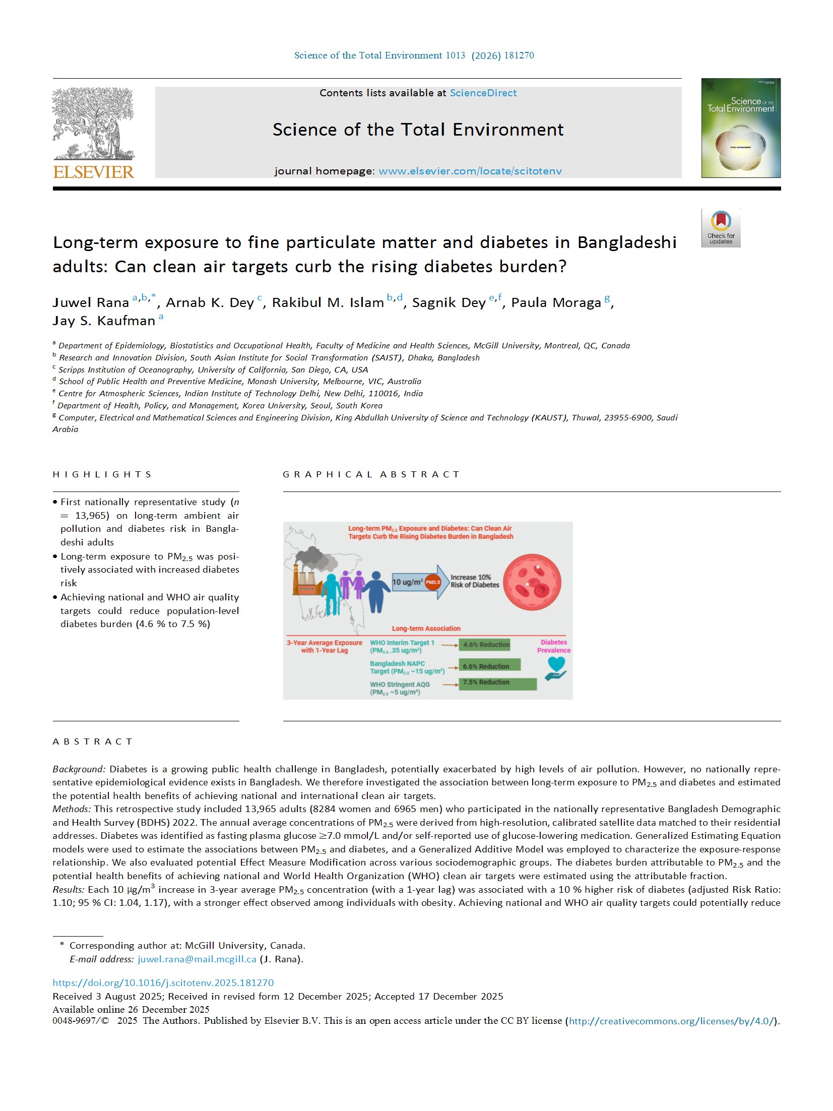 First page: Science of the Total Environment — fine particulate matter and diabetes, Bangladesh