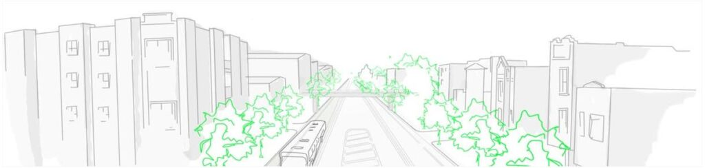 Line drawing of a city street with buildings, a bus, and trees.